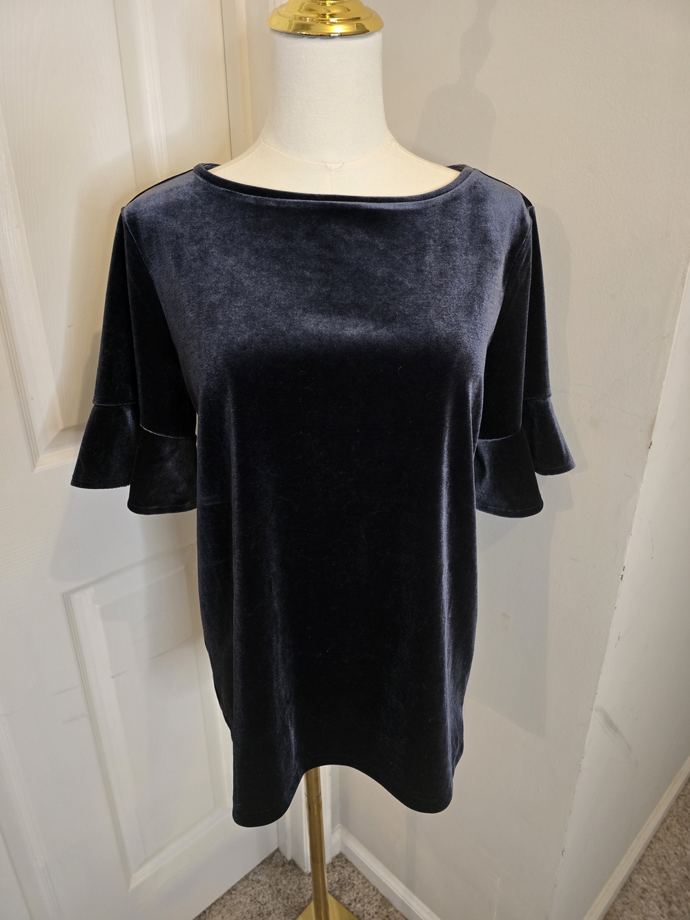 Ann Taylor Velvet Ruffle Sleeve Blouse - Navy Blue